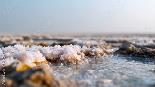 Crystal Salt Formation on a Natural Salt Flat at Sunrise with Soft Light and Calm Waters