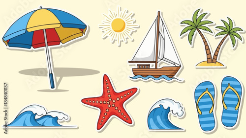 Beach Vacation Elements Collection With Umbrella Starfish And Palm Trees.