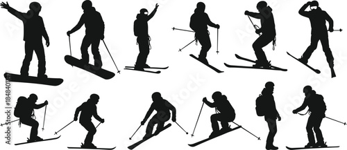 Winter sports silhouette vector set, skiing and snowboarding clipart, athlete poses, downhill action, freestyle tricks, mountain sport icons, cold weather graphics