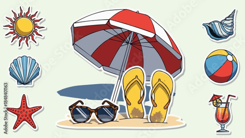 Beach Umbrella With Flip Flops Sunglasses And Beach Accessories.