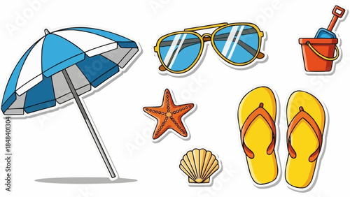 Beach Vacation Essentials Collection With Umbrella Sunglasses Flip Flops And Shells.