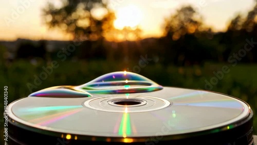 Iridescent Soap Bubble Rests on Reflective CD Surface During Golden Hour Sunset Vibrant Rainbow Colors Reflected Light Physics Phenomenon