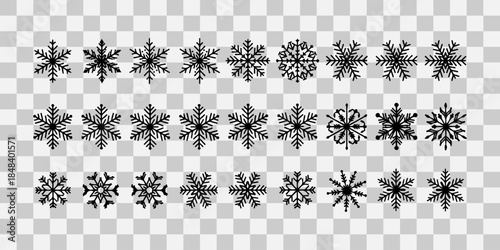 Collection of black snowflakes on transparent background
