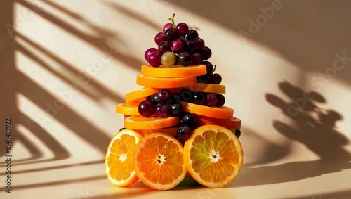 Stacked Orange Slices and Grapes Artistic Fruit Pyramid Arrangement Healthy Summer Snack Studio Light Shadow Play