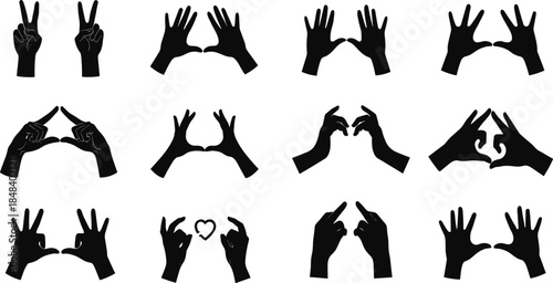 Hand gesture silhouettes, peace signs, heart shapes, expressive poses, black vector icons for communication, emotion, art, symbol, nonverbal design