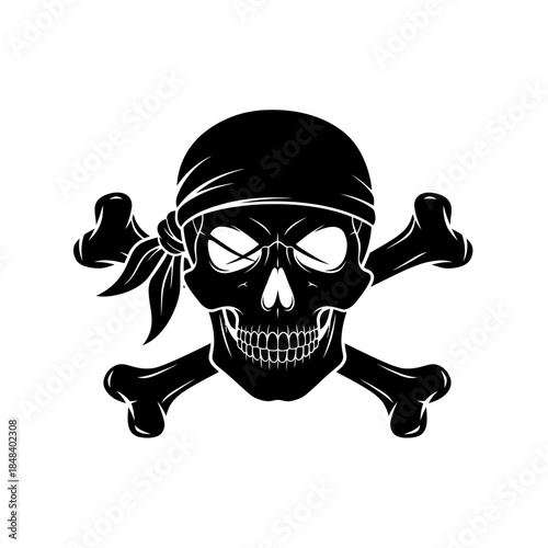 Pirate Skull and Crossbones Silhouette Vector Icon, Danger Flag Symbol for Adventure and Halloween