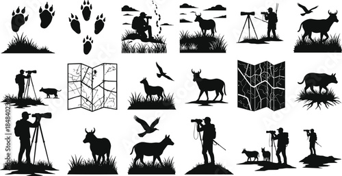 Wildlife observation and nature exploration silhouettes, animals, people, maps, landscapes, black vector icons for outdoor tracking, hiking, photography, adventure, forest design