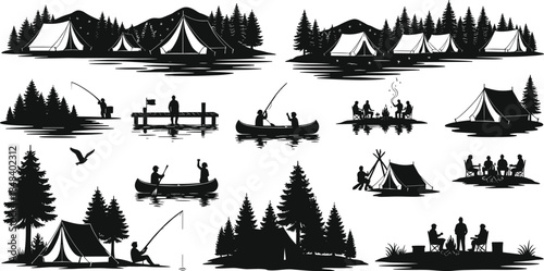 Camping and outdoor activity silhouettes, tents, fishing, canoeing, campfire, nature scenes, black vector icons for adventure, recreation, forest, travel, exploration