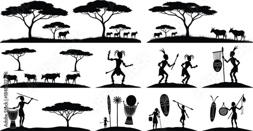 African wildlife and culture silhouettes, animals, trees, dancers, tribal scenes, black vector icons for heritage, nature, tradition, safari, ethnic design