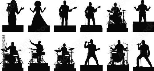 Musician silhouettes performing on stage, singers, guitarists, drummers, black vector icons for concert, live music, band, entertainment, event design