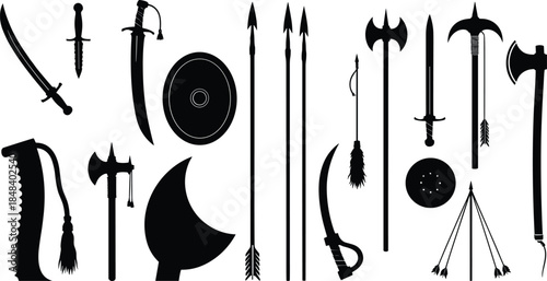 Medieval weapon silhouettes collection, swords, axes, spears, maces, shields, arrows, fantasy combat tools, black vector icons for historical and gaming design