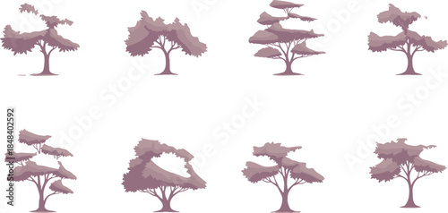 Stylized tree silhouettes, abstract foliage design, botanical vector elements, artistic tree shapes, nature illustration set, forest canopy forms, decorative plant graphics
