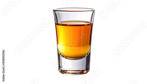 A shot glass filled with golden-amber liquid, set against a black backdrop