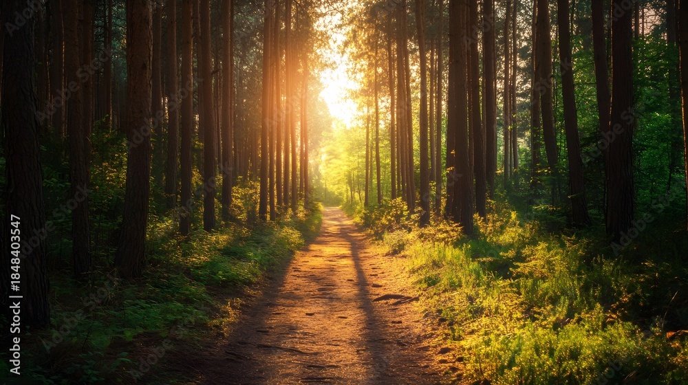 Naklejka premium A path through a dense forest with sunlight shining through the trees.
