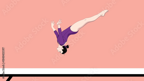 Dynamic female gymnast performing a flip in a purple leotard against a pink background