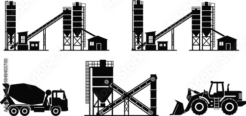 Concrete batching plant and construction machinery silhouettes vector illustration, industrial cement factory equipment, mixer truck and loader, isolated black and white design