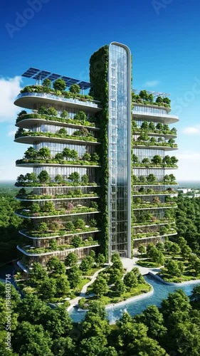 Futuristic skyscraper with lush terraced gardens and solar panels in a forest
