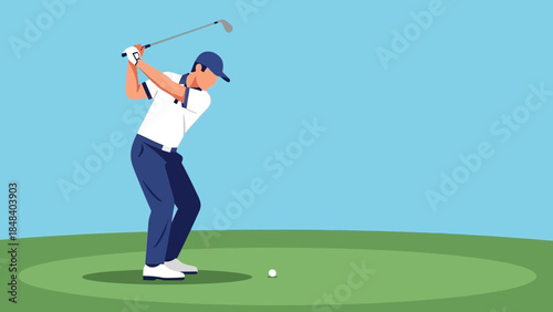 Golfer in motion, swinging a club on a green course with a ball, ready for a perfect shot.
