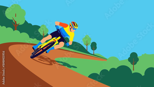 Dynamic illustration of a mountain biker navigating a steep dirt trail with vibrant colors and a clear blue sky