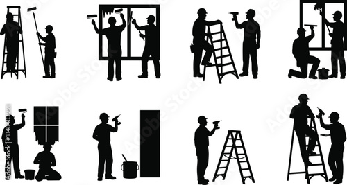 Construction and painting worker silhouettes set, professional painters and handymen using ladders and tools, home renovation vector illustration isolated black design collection