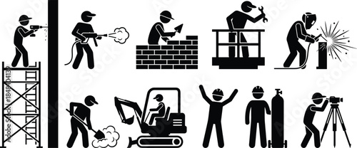 Construction worker silhouettes set, industrial labor activities vector illustration, building site safety icons, heavy machinery operations, civil engineering jobs collection