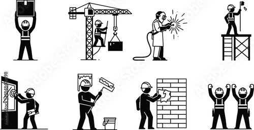 Construction workers activities vector illustration, industrial labor icons showing building, welding, painting, masonry, crane operation, teamwork silhouettes, safety, industry, profession, set