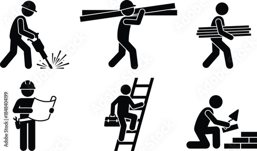 Construction worker silhouettes set, building labor actions vector illustration, industrial work safety icons, carpentry masonry drilling tasks collection isolated