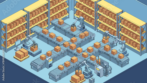 Automated warehouse with robots and conveyor belts