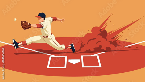 Dynamic baseball player sliding into home plate with dust cloud, showcasing intense sport action and competition.