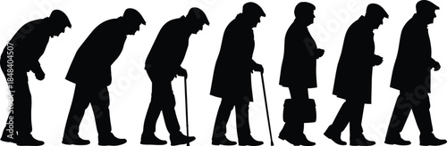 Evolution of Man Aging Process, Senior Elderly Person Slowly Moving from Bent Posture with Cane to Upright, Symbolizing Retirement and Life's Journey Vector Silhouette Illustration