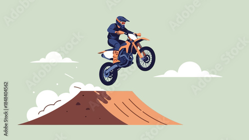 Motocross Rider Soaring Through the Air After Launching Off a Dirt Ramp