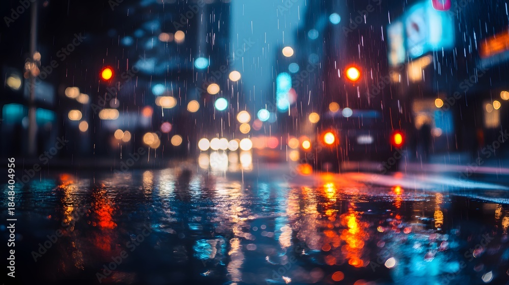Obraz premium A rainy night in the city, with blurred lights reflecting on wet pavement.