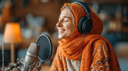 Wallpaper Mural Girl with headphones smiling in a cozy indoor setting Torontodigital.ca