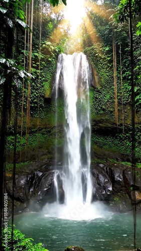 Sunbeams pierce a lush jungle, illuminating a powerful waterfall in a serene pool
