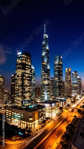 Vibrant cityscape with illuminated skyscrapers and light trails at twilight