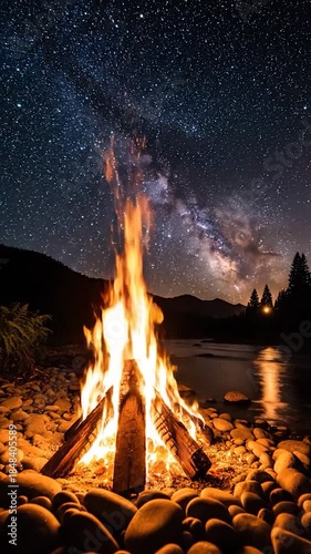 A blazing campfire on a rocky shore under a starry sky with the Milky Way