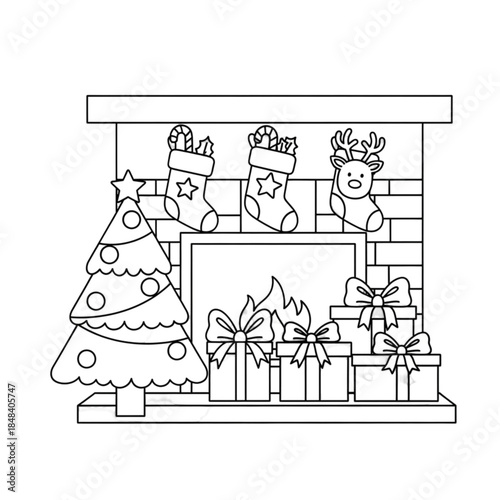 Cozy Christmas Fireplace Scene with Tree and Presents Coloring Page.