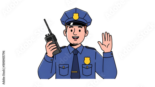 Friendly Cartoon Police Officer with Walkie-Talkie Waving Hand, Isolated on Transparent Background