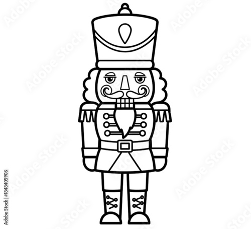 Christmas nutcracker soldier toy line art for coloring book page.
