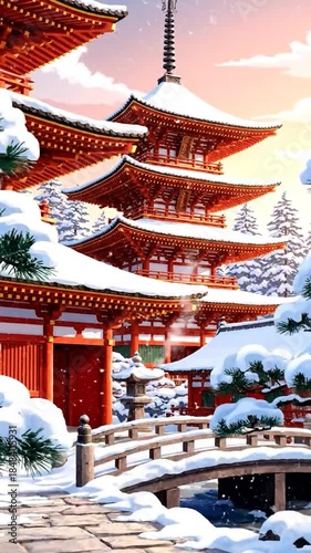 A vibrant red pagoda rises over a tranquil, snow-covered winter garden