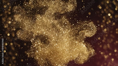 A swirling cloud of golden glitter suspended in a dark fluid with sparkling bokeh.