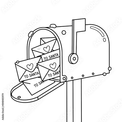 Simple black and white line drawing of a mailbox filled with letters to Santa Claus for Christmas.