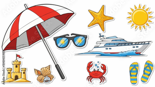Summer Beach Vacation Objects Collection with Yacht and Umbrella.