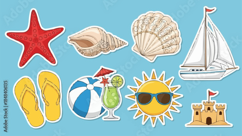 Summer Beach Vacation Icons Collection with Starfish Seashells and Sailboat.