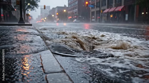 Rainwater Runoff Flowing into Storm Drain - Heavy rainwater runoff gushes into a city storm drain during a downpour.