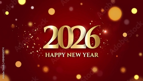 Luxury 2026 Happy New Year Greeting with Golden Typography on Festive Red Bokeh Background