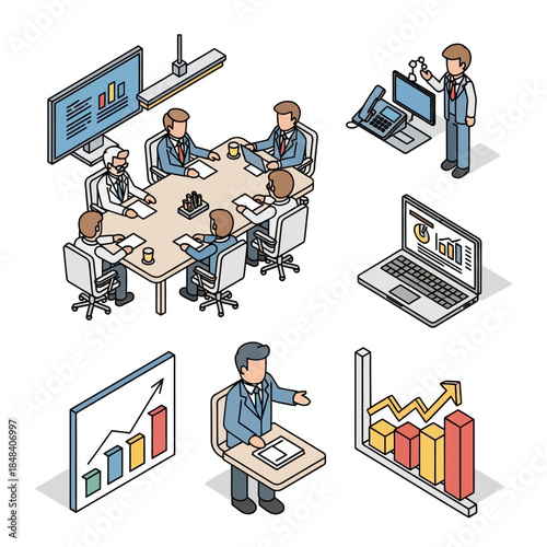 Isometric illustrations depicting business professionals in a meeting, giving presentations, and analyzing financial data and growth charts.