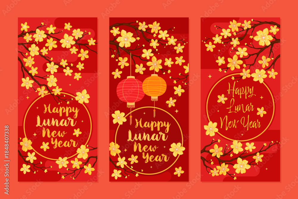 Fototapeta premium Design of festive red money envelopes for Lunar New Year. Asian lanterns, spring branches with yellow apricot or cherry flowers, red background.