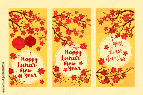 Design of festive money envelopes for Lunar New Year. Asian red lanterns, spring branches with apricot or cherry flowers, yellow background.