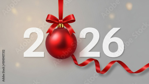 Red christmas ornament with ribbon and bow hanging on 2026 new year's decoration